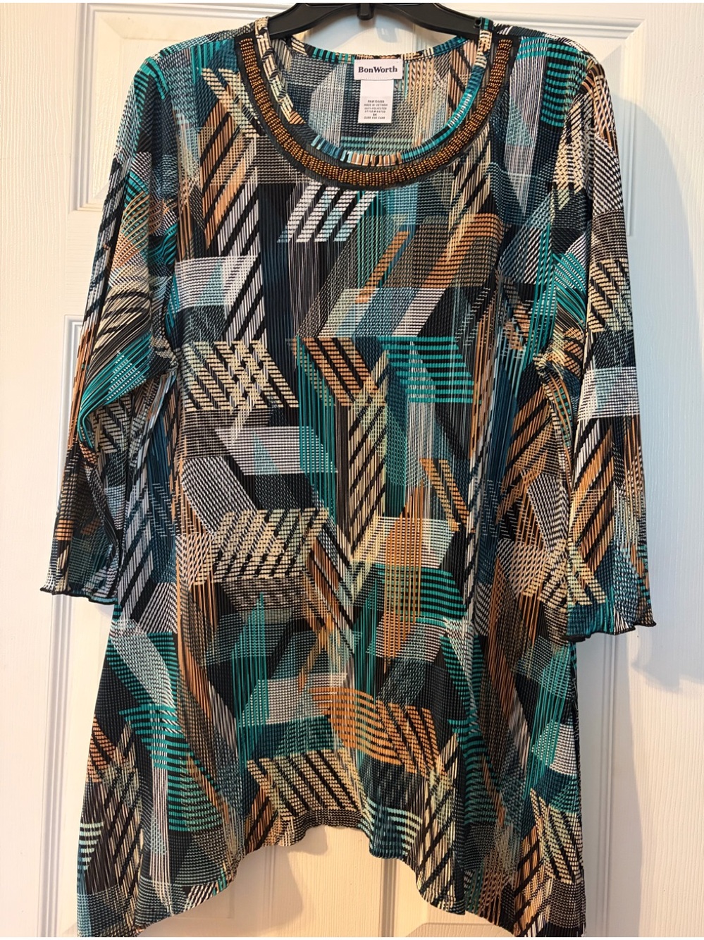 BonWorth Teal, Black & Tan Geometric Neckline Top